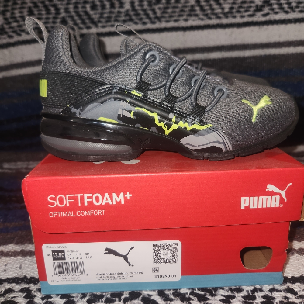 NIB Puma Kids Charcoal and Neon Sneakers